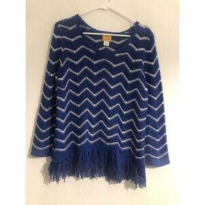 Ruby Rd Womens Sweater Long Sleeve Size L Acrylic/Nylon‎ Blue/White Crochet